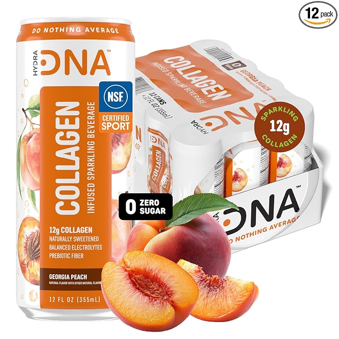 HYDRADNA- Sparkling Liquid Collagen Protein Water Drink Balanced Nutrients for Wellness - Sugar-Free - Keto-Friendly - No Gluten (12 Pack) Georgia Peach-FlexoryFit