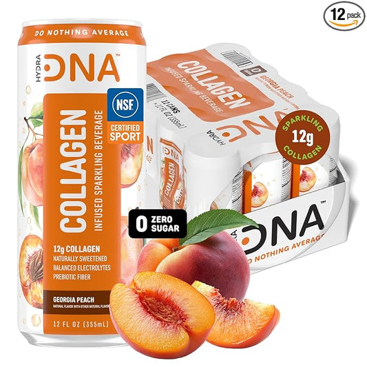 HYDRADNA- Sparkling Liquid Collagen Protein Water Drink Balanced Nutrients for Wellness - Sugar-Free - Keto-Friendly - No Gluten (12 Pack) Georgia Peach-FlexoryFit