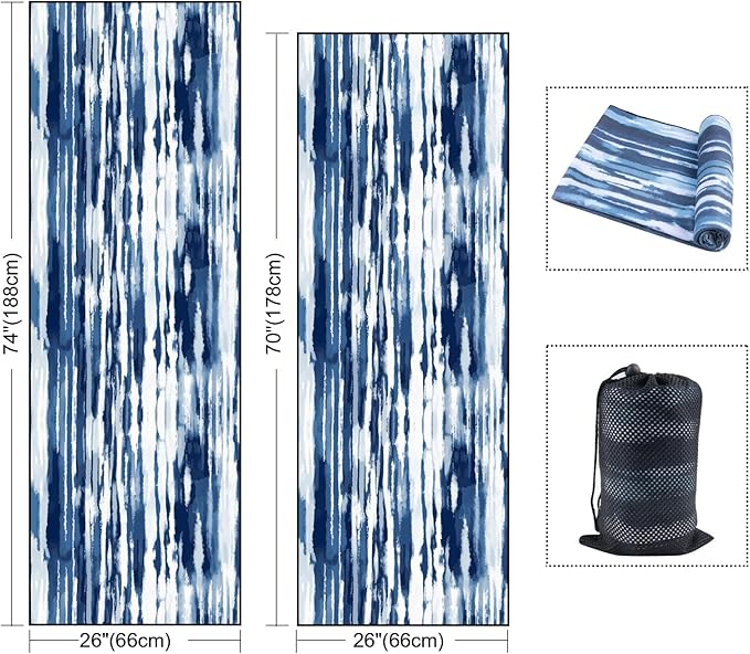 QiyI Yoga Mat Towel with Corner Pockets, Non Slip Sweat Absorbent Hot Yoga Towels, Soft Yoga Blankets with Travel Bag, Skidless Mat Cover for Workout, Gym, Fitness - 70"x26", Blue White Tie Dye-FlexoryFit