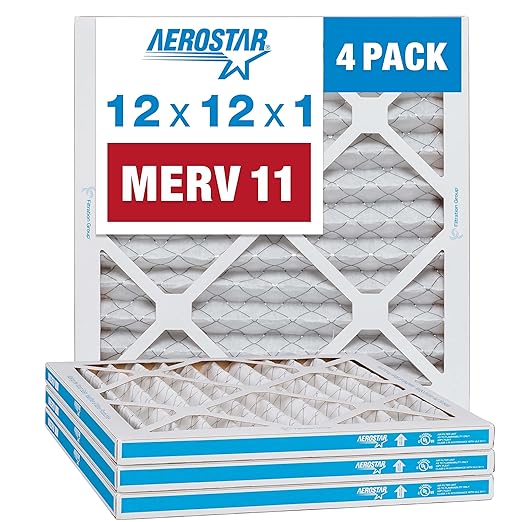 Aerostar 12x12x1 MERV 11 - 4 Count - Pleated Furnace & Air Conditioner Filters - Removes Dust Mites, Cold & Flu Germs, Lint, Mold, Pet Dander, Allergy-Causing Pollen, Smog & Smoke
