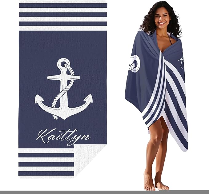 JML Personalized Beach Towel with Name, Custom Anchor Beach Towel, Customized Microfiber Pool Towel, Quick Dry & Absorbent Swim Towel for Adult,Anniversary, Birthday, Summer Holiday,Vacation-FlexoryFit