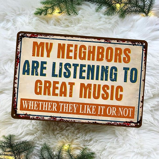 Man Cave Signs Garage Decor Vintage Music Wall Art for Game Room Patio Home Bar - Funny Garage Accessories for Men My Neighbors Are Listening To Great Music Metal Sign Gifts 8x12 Inch-FlexoryFit