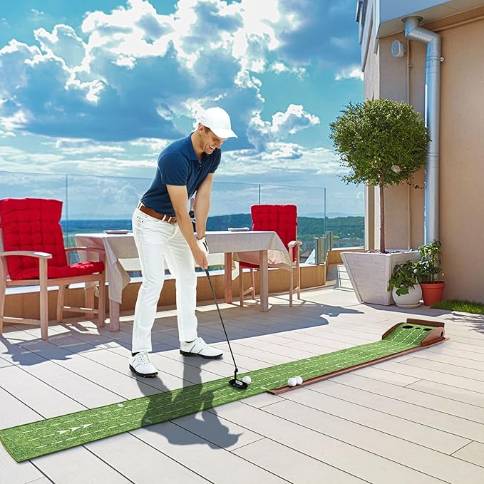 Tangkula 10 FT Golf Putting Green, 2/3-Hole Golf Putting Practice Mat with Auto Ball Return for Indoors & Outdoors, Alignment Guides & 3 Golf Balls, Mini Golf Game for Home and Office