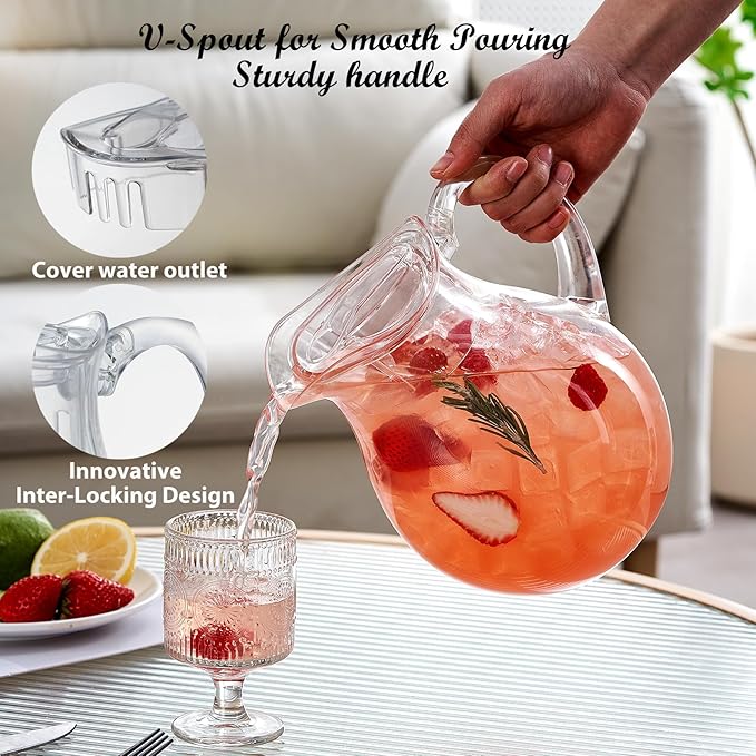 Plastic Pitcher, Clear Water Pitcher with Lid, Fridge Jug, BPA-Free, Shatter-Proof, Great for Iced Tea, Lemonade, Juice, Milk, and More (2 Quart/72oz)