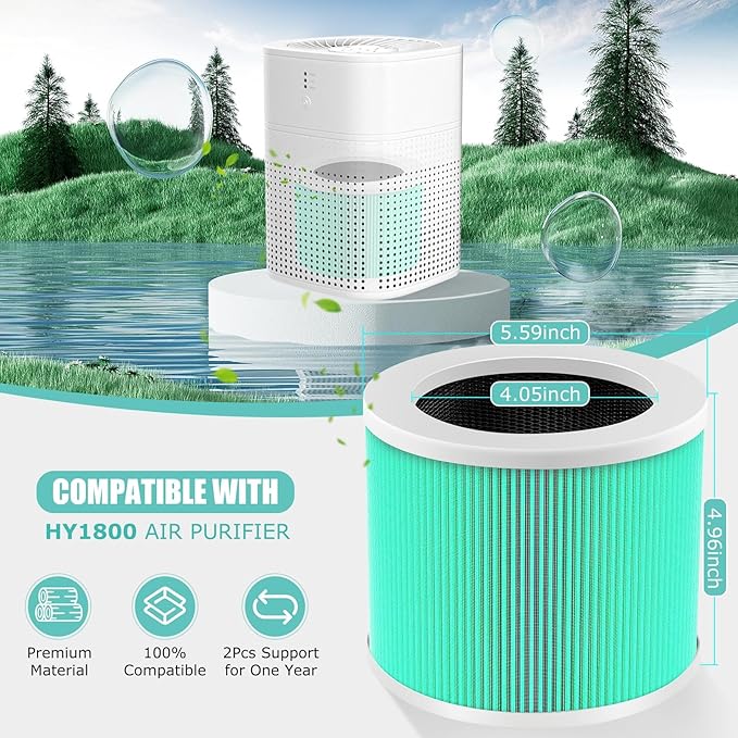 HY1800 H13 True HEPA Replacement Filter Compatible with Honeyuan/MORENTO/CHIVALZ/Loytio/AYAFATO/IOIOW HY1800 Air Purifier, 3-in-1 Filtration System HEPA Activated Carbon HY1800 Filter 2 Pack