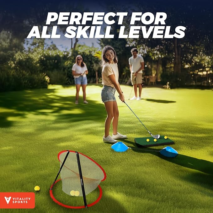 Vitality Sports Golf Chipping Net, 3PCS Pop-Up Golf Practice Net for Backyard, Indoor Outdoor Chipping Game with 3 Targets, 1 Hitting Mat, 20 Balls, Tee Box, Golf Gift for Men