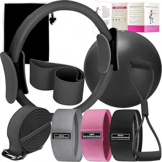 Pilates Set – Home Pilates Equipment for Women Kit with Magic Circle Pilates Ring and Ball Set, Resistance Bands & Massage Balls & Exercise Bands for Toning，Flexibility & Core Strength-FlexoryFit