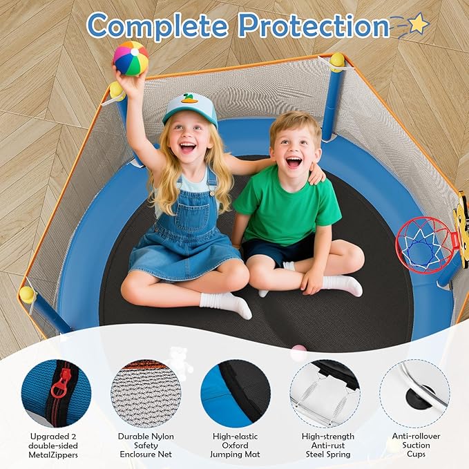 Kids Trampoline with Safety Net – 440lbs Capacity, Upgraded Rust-Proof Ring Legs, Adjustable Gymnastics Bar & Toys – Indoor Outdoor Toddler Trampoline for Boys & Girls Ages 1-8-FlexoryFit