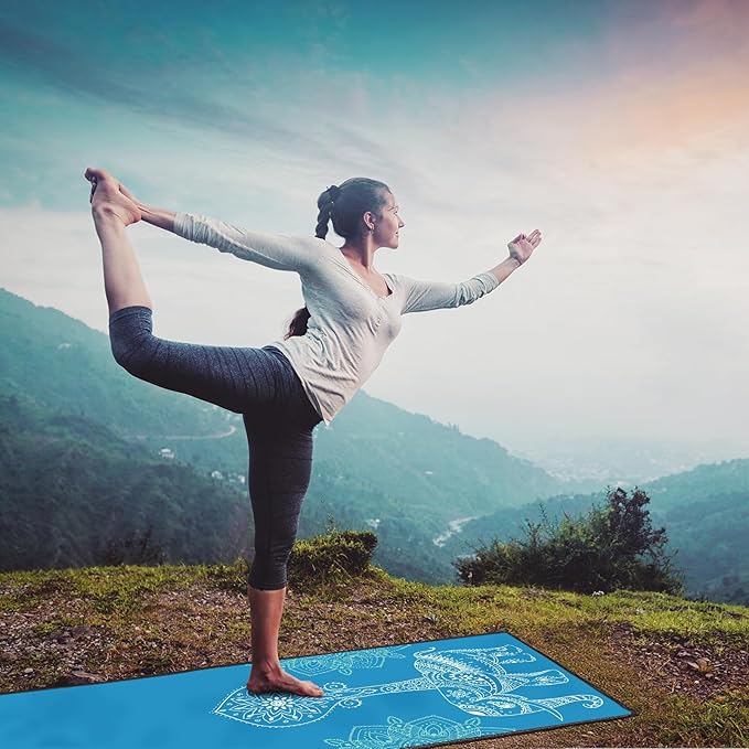 QiyI Yoga Mat Towel with Corner Pockets, Non Slip Sweat Absorbent Hot Yoga Towels, Soft Yoga Blankets with Travel Bag, Skidless Mat Cover for Workout, Gym, Fitness - 70"x26", Blue Mandala Elephant-FlexoryFit