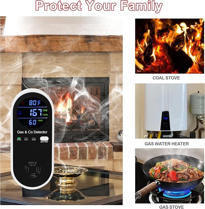 Combination Gas & Carbon Monoxide Detector, Plug in Carbon Monoxide Alarm,Natural Gas Detector,Propane,Methane,4-in-1 Combustible Gas & CO Detector with Fahrenheit(°F) & Humidity for Home,RV,Apartment