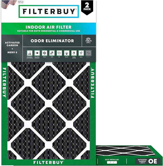 Filterbuy 10x20x1 Air Filter MERV 8 (MPR 700) Odor Eliminator Replacement (2-Pack), Electrostatic Pleated HVAC AC Furnace Filters w/Activated Carbon, Made in USA (Actual Size: 9.50 x 19.50 x 0.75)