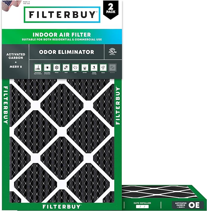 Filterbuy 12x25x1 Air Filter MERV 8 (MPR 700) Odor Eliminator Replacement (2-Pack), Electrostatic Pleated HVAC AC Furnace Filters w/Activated Carbon, Made in USA (Actual Size: 11.75 x 24.75 x 0.75)
