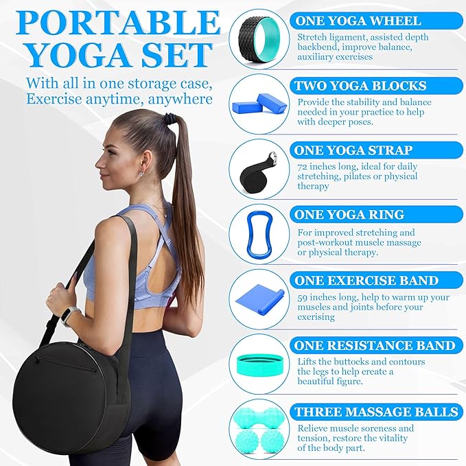 Yoga Wheel Set, Wheel Foam Roller with Back Cracker Roller for Pain Relief & Deep Tissue Massage and Stretching 500lbs Capacity, Trigger Point Therapy Massage Ball, Yoga Blocks 2 Pack with Strap-FlexoryFit