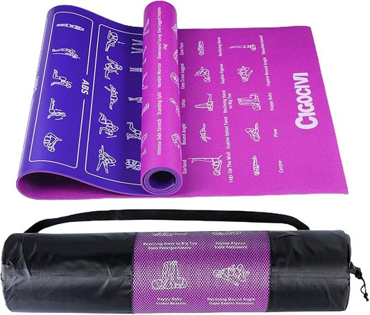 Instructional Travel Yoga Mat with 75 Poses & Exercises - Non-slip Exercise Mat for Home Workout, Includes Carrying Bag - Perfect for Beginners, 68"x24"x0.25"-FlexoryFit