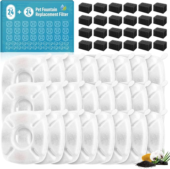 48 Pcs Cat Water Fountain Filters for Veken 95oz, 67oz, 135oz Dog & Cat Fountain, 24 Pack Replacement Filters & Pre-Filter Sponges for Automatic Pet Fountain, Keeps Water Fresh & Clean