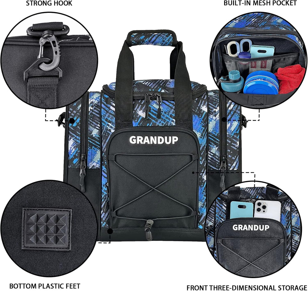 GRANDUP Bowling Ball Bag for Single Ball - Black Bowling accessories Ball Tote Bag Bowling Bag with Padded Ball Holder - Fits Bowling Shoes Up to Mens Size 14