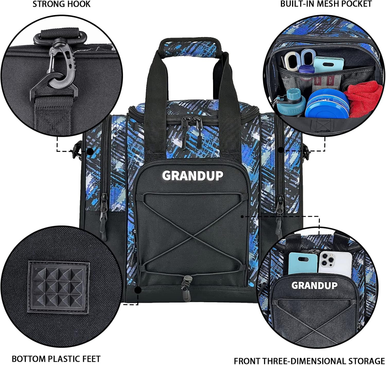GRANDUP Bowling Ball Bag for Single Ball - Black Bowling accessories Ball Tote Bag Bowling Bag with Padded Ball Holder - Fits Bowling Shoes Up to Mens Size 14