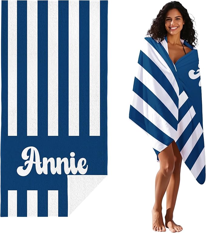 JML Personalized Beach Towel with Name, Custom Cabana Stripe Beach Towel, Customized Microfiber Pool Towel, Quick Dry & Absorbent Swim Towel for Adult,Mother's Day, Birthday, Summer Holiday,Vacation-FlexoryFit