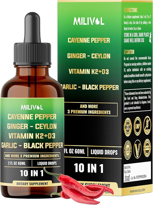 10in1 Cayenne Pepper Liquid Drops + Ginger, Ceylon Cinnamon, Vitamin D3, Vitamin K2, Garlic, Black Pepper and More - Digestion Support - 2 Fl Oz - 2 Months Supply-FlexoryFit