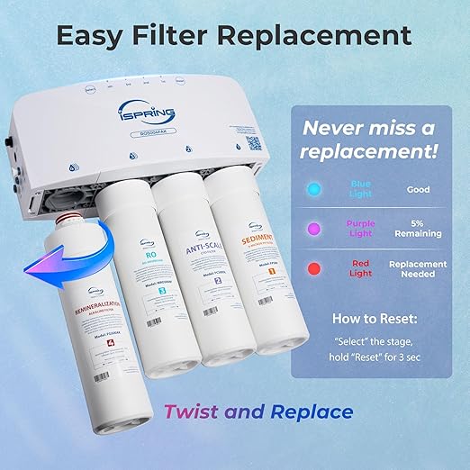 iSpring RO5004F-AK Alkaline Reverse Osmosis Water Filter with UV, 500 GPD, pH+, 2:1 Pure to Drain Tankless Remineralization RO System Under Sink with Boost Pump, Filter Life Monitor, Reduces PFAS, TDS