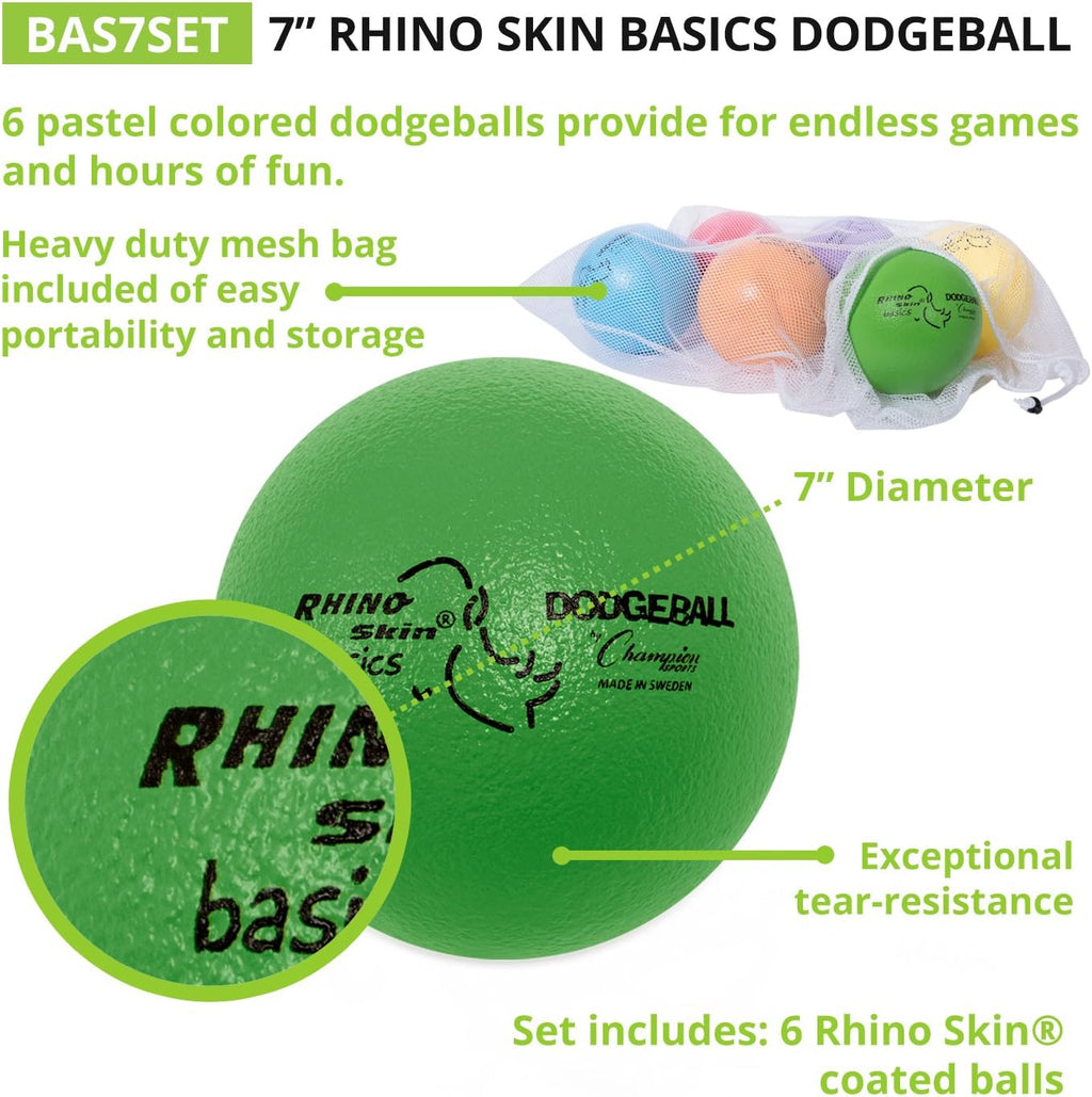 Champion Sports Rhino Skin Dodgeball Set – 6 Soft Foam Dodgeballs with Tear-Resistant Coating, Grip Surface, Low Bounce, Mesh Bag, Indoor & Outdoor Playground or PE Class Ball Set – 6” or 7”