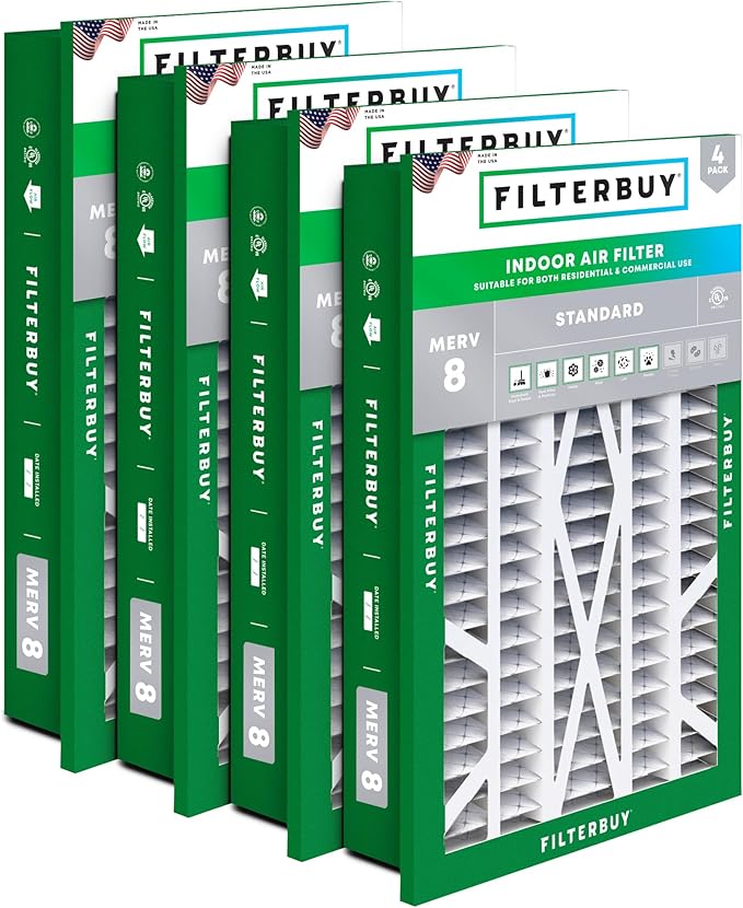 Filterbuy 16x25x5 Air Filter MERV 8 (MPR 700) Dust Defense Replacement (4-Pack), Pleated HVAC AC Furnace Filters for Honeywell Return Grille (Actual Size: 14.38 x 23.38 x 3.69)