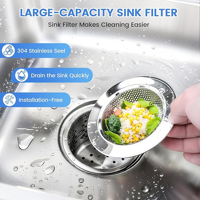Sink Drain Strainer, Stainless Steel Kitchen Sink Drain Strainer, Dishwasher Safe, Sink Strainer Outer Diameter 4.4 Inch/11.2cm, Inner Diameter 3 Inch/7.6cm, Set of 3 Kitchen Sink Strainer