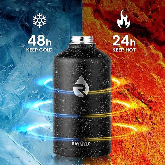 128oz Insulated Water Bottle, Triple Wall Vacuum Stainless Steel Water Bottles - Keeps Cold 48H, Reusable One Gallon Flask Jug for Gym, Sports, Camping, Hiking,Travel, Black Speckled-FlexoryFit