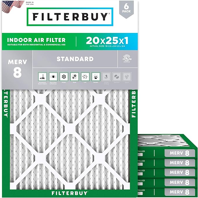 Filterbuy 20x25x1 Air Filter MERV 8 (MPR 700) Dust Defense Replacement (6-Pack), Electrostatic Pleated HVAC AC Furnace Filters, Made in USA (Actual Size: 19.50 x 24.50 x 0.75)