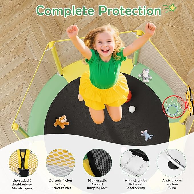 Kids Trampoline with Safety Net – 440lbs Capacity, Upgraded Rust-Proof Ring Legs, Adjustable Gymnastics Bar & Toys – Indoor Outdoor Toddler Trampoline for Boys & Girls Ages 1-8-FlexoryFit