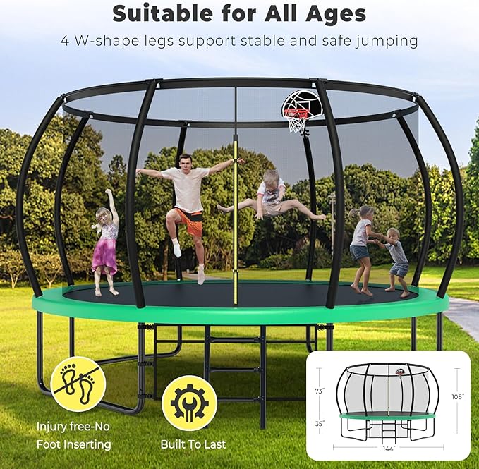 10 12 14 15 16FT Outdoor Trampolines for Kids and Adults, Pumpkin Trampoline with Curved Poles, Recreational Trampoline with Basketball Hoop and Safety Enclosure Net for Kids and Adults-FlexoryFit