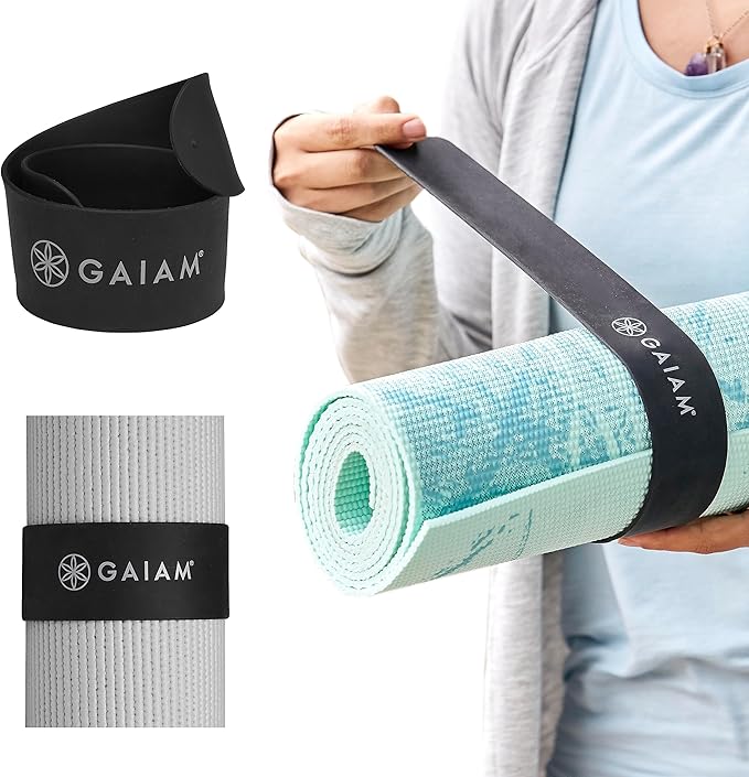 Gaiam Yoga Mat Strap Slap Band - Keeps Your Mat Tightly Rolled and Secure with One Snap - Strong Clasp for Yoga Mat Storage and Travel - Fits Most Size Mats (20"L x 1.5"W), Black-FlexoryFit