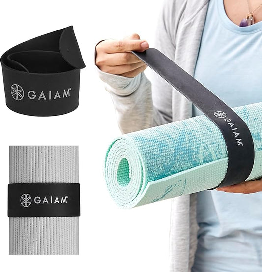 Gaiam Yoga Mat Strap Slap Band - Keeps Your Mat Tightly Rolled and Secure with One Snap - Strong Clasp for Yoga Mat Storage and Travel - Fits Most Size Mats (20"L x 1.5"W), Black-FlexoryFit