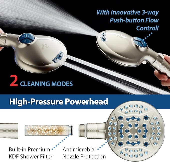 AquaCare 4X High Pressure 10-mode Filter Handheld Shower Head with Dual Power Wash - Clean Tub, Tile & Pets, Remove Chlorine, Metals & Toxins from Water to Protect Skin, Hair & Nails. Nickel Finish