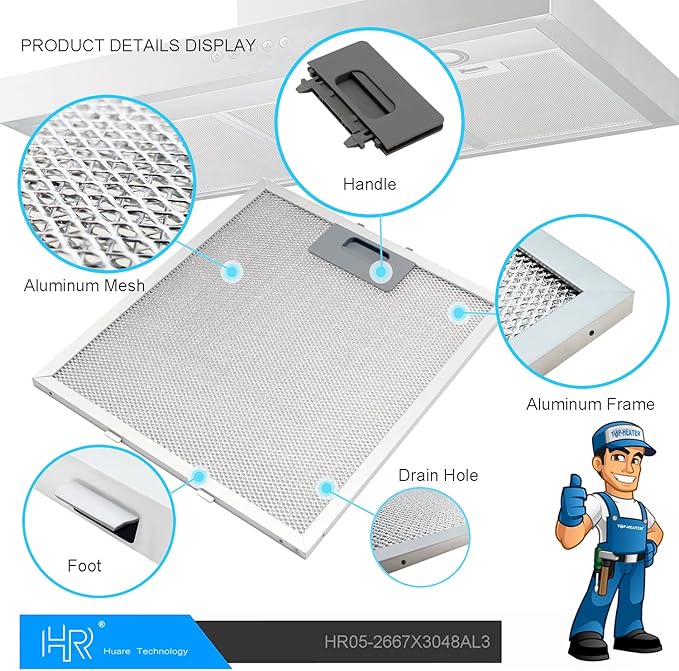 Upgraded W10169961A Range Hood Filter Replacement, Fits Whirlpool, Ikea, Kitchen Aid, Jenn Air, Aluminum Mesh Hood Grease Filter 10.5x12Inch, HR Huare Technology Aluminum Range Hood Vent Filters,3PCS