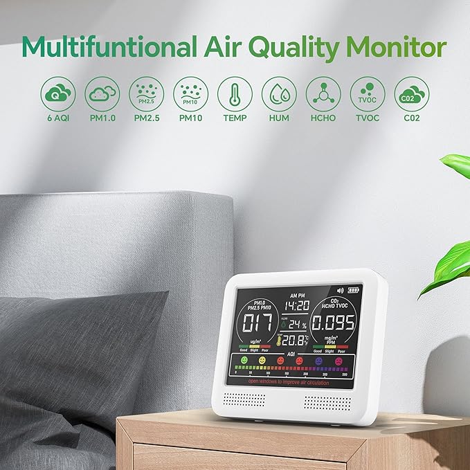 16-in-1 Air Quality Monitor Indoor with 7AQI Beep Alarm, CO2 Monitor, Air Quality Detector with PM1.0 | PM2.5 | PM10 | Temp | HUM | Formaldehyde | VOC Tester for Home Office Plant (Pearly White)