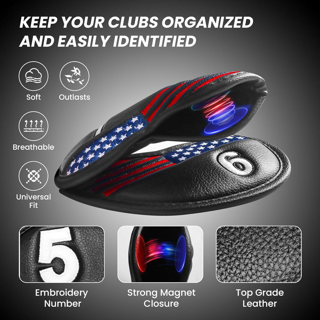 FINGER TEN Golf Club Covers for Irons Magnetic Value 11 Pack, Synthetic Leather Deluxe Head Cover Set Headcovers for Irons Fit Main Iron Clubs