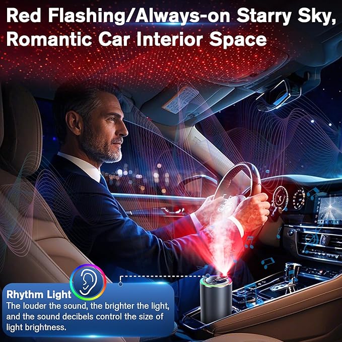 Smart Car Air Freshener with Starry Sky Projection, 50ml Perfume Air Fresheners Diffuser 6 Months Long-Lasting Fragrance for Car, RGB Music-Sync Lights, Auto On/Off Intelligent, 3 Modes, Ocean Scent