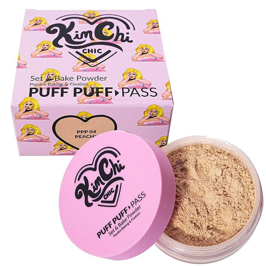 Kimchi Chic Beauty Puff Puff Pass Set and Bake Setting Powder for Makeup, Extra Fluffy Loose Face Powder Poof, Soft Natural Face Makeup for Uneven Skin Tone, 04 Peachy-FlexoryFit