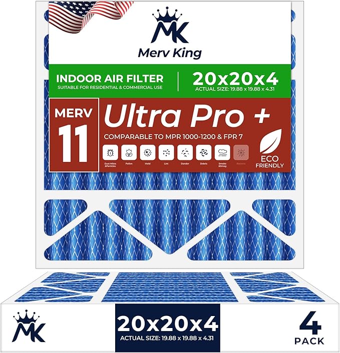 MervKing 20x20x4 Air Filter | MERV 11 | MPR 1000-1200 Ultra Pro | 4-Pack | Pleated HVAC AC Furnace Replacement Air Filters | Actual Size: 19.88" x 19.88" x 4.31"