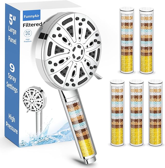 Filtered Handheld Shower Head, 9 Spray Modes High Pressure, 5 Replacement by FunnyAir