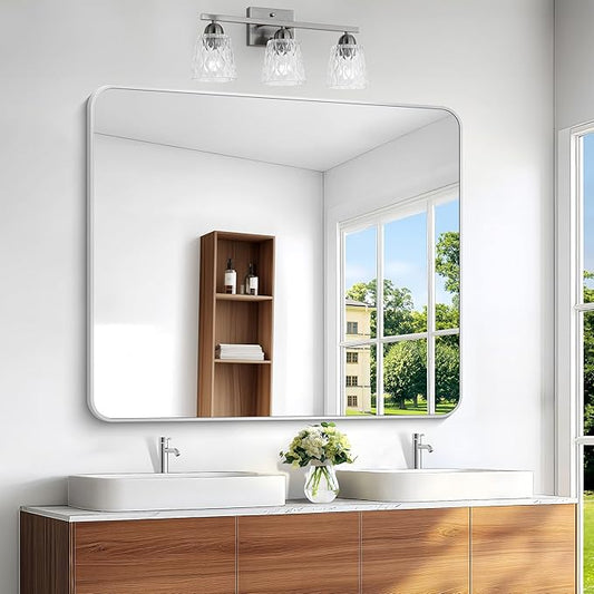 Silver Bathroom Mirror,40x48 inch Wall Mirror for Bathroom Wall Mounted,Rectangle Mirror for Bathroom Over Sink,Modern Frame Round Corner for Living Room,Bedroom Entryway,Horizontal/Vertical