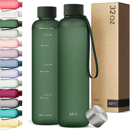 KIVY Slim Water Bottle 32oz [Lightweight & Shatterproof] Fits Backpack & Cupholder for Travel, Sports, School, Gym - Dark green water bottle no straw - Gym water bottle screw top - Dishwasher Safe-FlexoryFit