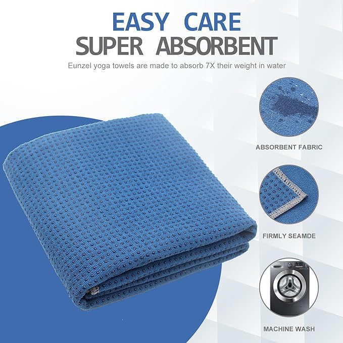 Eunzel Yoga Towel,Hot Yoga Mat Towel with Grip Dots Sweat Absorbent Non-Slip for Hot Yoga, Pilates and Workout 24" x72", Steel Blue-FlexoryFit