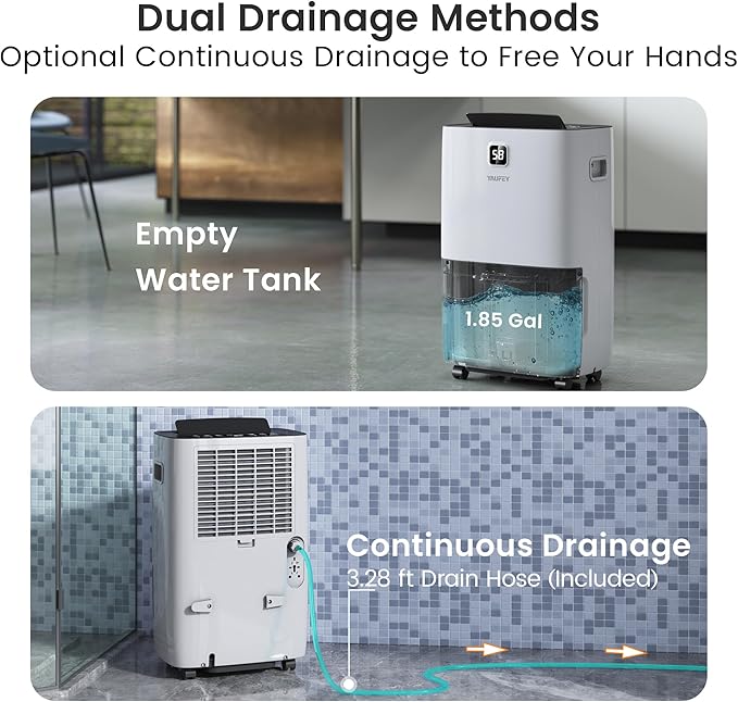 Yaufey 150 Pints Energy Star Dehumidifier with Pump for Home, Basement and Large Room up to 7000 Sq. Ft., With Drain Hose, Timer, Intelligent Humidity Control and Large Water Tank