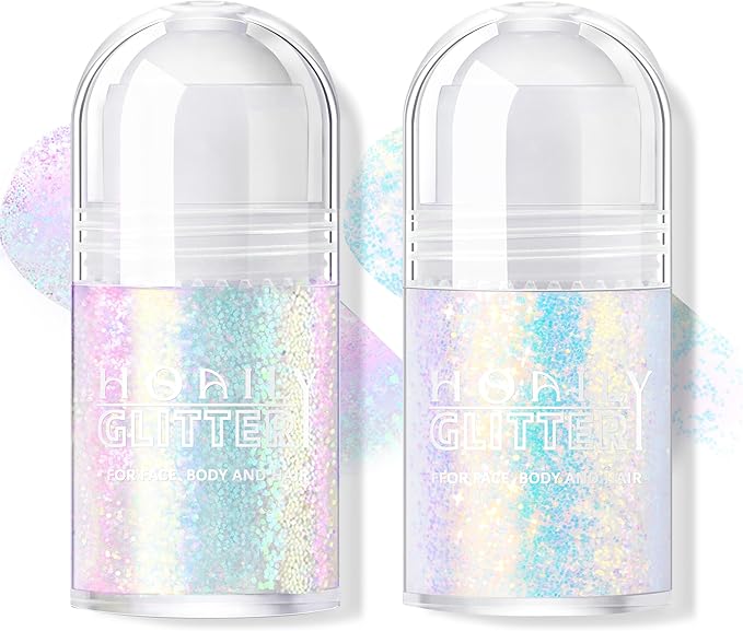 2 Colors Roll-on Body Glitter Gel, Holographic Glitter Gel Under Light for Face Hair, Body Shimmer for Rave Accessories Christmas New Year Halloween Makeup (8+12)-FlexoryFit