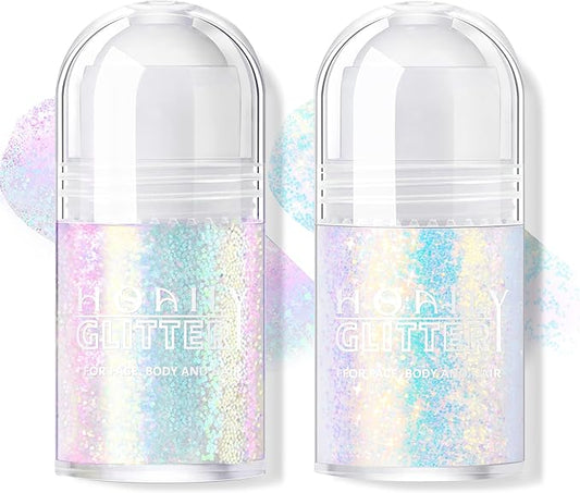 2 Colors Roll-on Body Glitter Gel, Holographic Glitter Gel Under Light for Face Hair, Body Shimmer for Rave Accessories Christmas New Year Halloween Makeup (8+12)-FlexoryFit