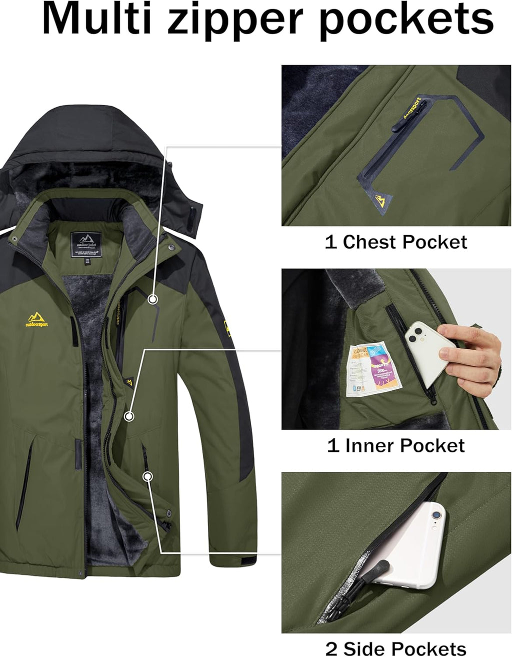 MAGCOMSEN Men's Winter Coats Water Resistant Ski Snow Jacket Warm Fleece Jacket Parka Raincoats With Multi-Pockets