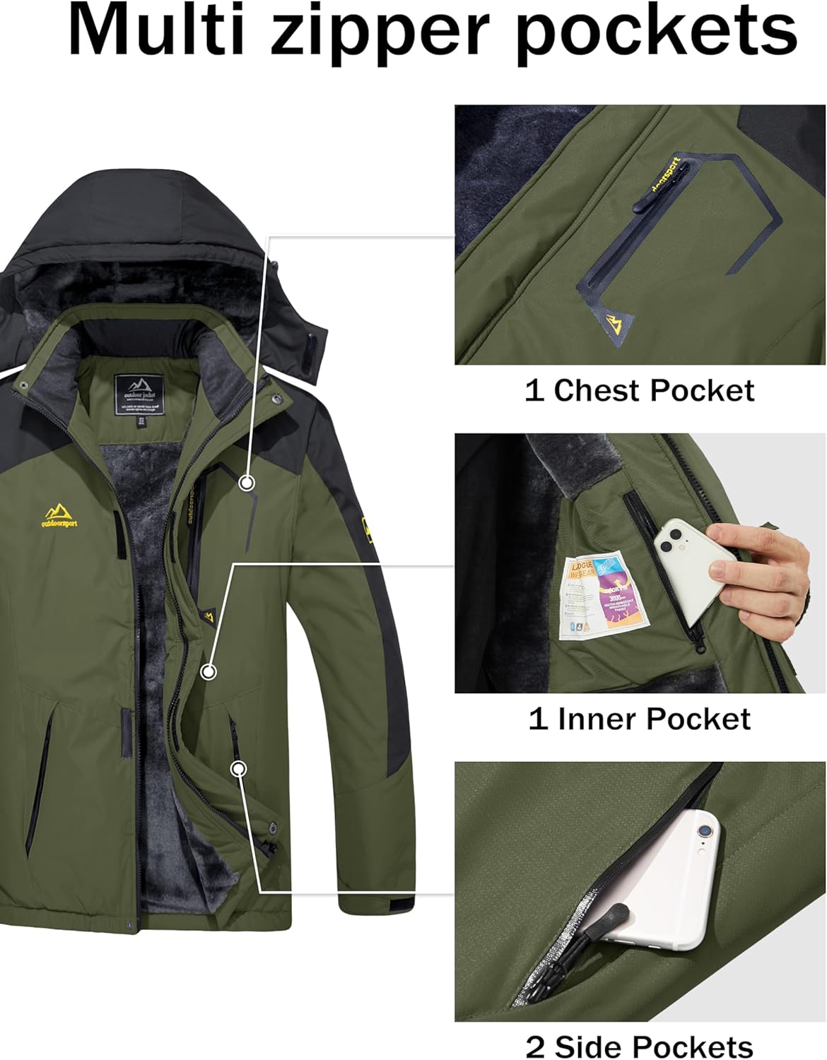 MAGCOMSEN Men's Winter Coats Water Resistant Ski Snow Jacket Warm Fleece Jacket Parka Raincoats With Multi-Pockets