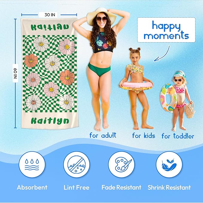 JML Personalized Beach Towel with Name, Custom Flower Beach Towel, Customized Microfiber Pool Towel, Quick Dry & Absorbent Swim Towel for Adult,Mother's Day, Birthday, Summer Holiday,Vacation-FlexoryFit